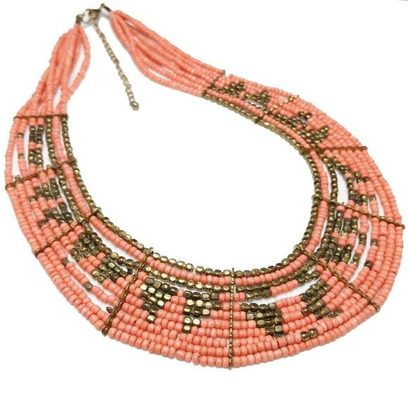 Boho Seed Bead Necklace, Peach & Bronze, Multi Strand, 23 Inches - Picture 3 of 8